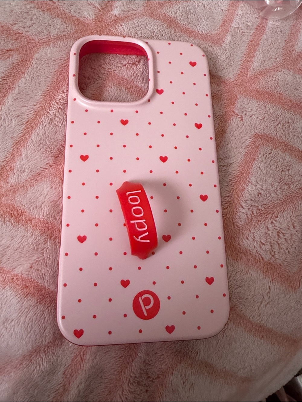 Pink Heart Pattern Phone Case with Red Loopy Strap
